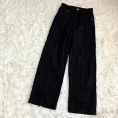 デニムワイドパンツ ブラックフリンジ付 バックポケットあり シンプル a3127