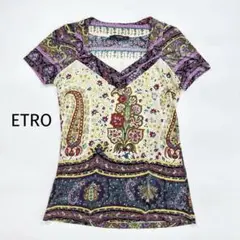 美品 ETRO ペイズリー柄 半袖 カットソー トップス 42 M相当 白×紫系