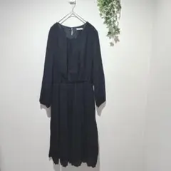 【グラシア】ネイビー 長袖 ワンピース 膝丈　セレモニー　Lサイズ　プリーツ