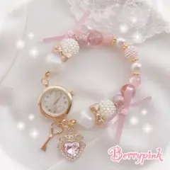 Berrypink♡ハートビジューと鍵♡ブレスレットウォッチ♡腕時計♡ピンク