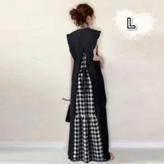 ワンピース　マキシ丈　切替　バックリボン　チェック　フリル袖