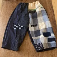新作リネンハンドメイドバルーンパンツ刺し子ちくちくもんぺ一点物柿渋染め絣