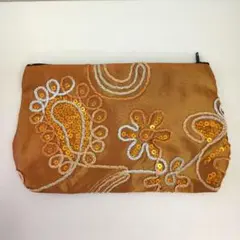 刺繍ビーズ装飾オレンジポーチ