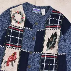 90s ノースクレスト パネルパターン コットンラミー ニットカーディガン 古着