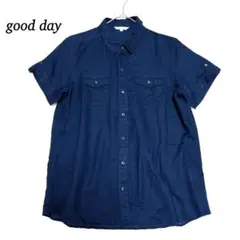 good day リネン 長袖シャツブラウス 麻55 M ネイビー さらり 美品