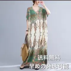 353☆人気No.2☆フリーサイズ ロングワンピース 半袖 大きいサイズ 緑