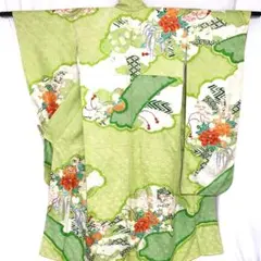 2m1529 振袖 正絹 絞り 金駒刺繍 緑 白 赤 金色 ピンク 花柄 成人式