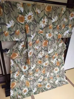 RK-5/35　浴衣　綿着物　単衣　マーガレット風お花　躾付き　美品　LL日本製