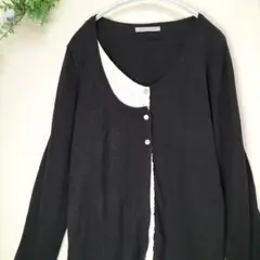 レトロガール Uネック切り返し白レース カーディガン 黒