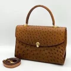 【極美品】オーストリッチ ダチョウ ハンドバッグ ショルダーバッグ ブラウン
