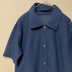 透かし編み半袖ブラウス(M相当)ネイビー　レギュラーカラーシャツ　透け感あり