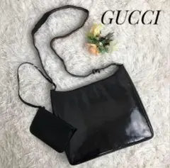 GUCCI シェリーライン エナメル ショルダーバッグ ポーチ付き 黒ブラック