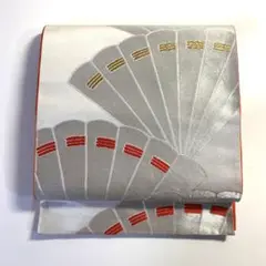 2m2260 袋帯 絹 銀色 橙色 金色 扇子柄 和装 着物