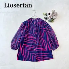 【Liosertan】ノーカラーブラウス（Ｆ）総柄 プリーツ ヴィンテージ 派手