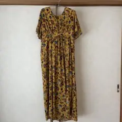 値下げ❗️花柄 半袖 ロングワンピース マスタード