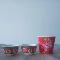 赤い花柄 台湾茶器 ・ 中国茶器 3点セット