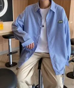 青と白のストライプ ボタンアップシャツ Lサイズ