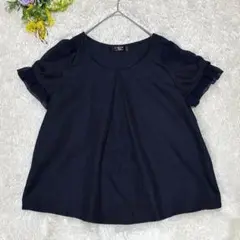 ハドソンハニー 半袖ブラウス リボン袖 シフォン切替 ネイビー 無地 M
