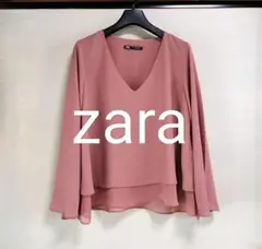 ZARA ピンク系Vネックフレアスリーブブラウス　プルオーバー　着画あり