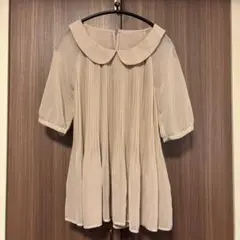 ベージュ シフォン プリーツ チュニック 半袖