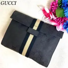 美品✨グッチ クラッチバッグ ポーチ シェリーライン GG柄 キャンバス 黒色