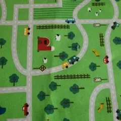 道路や鉄道、車、木 、地図のような模様の布地