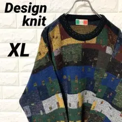 古着 デザインニット ヴィンテージ 総柄 アルパカ混 イタリア サイズLL