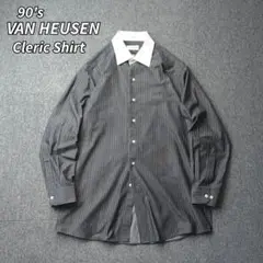 90s VANHEUSEN 長袖 クレリック シャツ ストライプ L 古着