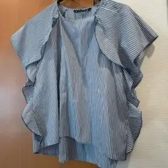 ZARA ベーシックストライプ フリル 半袖ブラウス