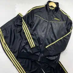 極美品　アディダス　セットアップ　ジャージ　総柄　ライン　ストレッチ　黒金　M