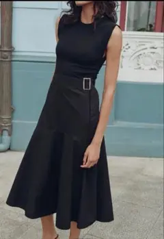 ZARA ザラ コントラスト ミディワンピースベルト付き　人気のお品