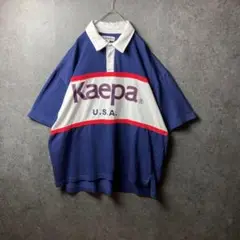 n168 半袖シャツ　古着　ハーフボタン　紺　白　ビッグロゴ　USA レトロ】