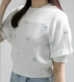 半袖ニット　ホワイト　リボン
