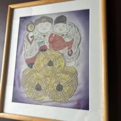 福の神と魚 日本画アート 織物