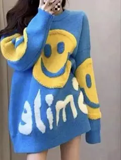 SHEIN 青セーター ニコちゃんマーク
