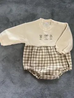 ベージュ チェック柄ロンパース 70