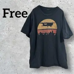 飛行機と夕日のグラフィックTシャツ【フリー】黒　ブラック　プリント　半袖　丸首
