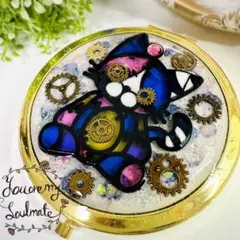 ハンドメイド♡スチームパンクtom catコンパクトミラー♡ブラック【送料無料】