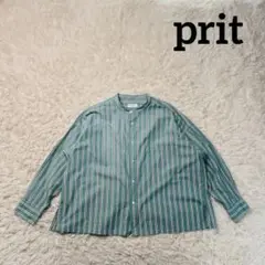prit スタンドカラー オーバーストライプシャツ 緑 製品洗い 日本製