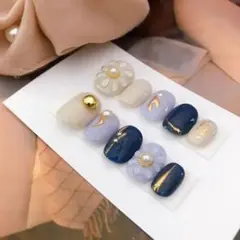 ブルー系 お花のニュアンスショートネイルチップ