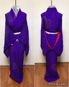 アンティーク!!紫地 黒銀赤キラキラ渦巻 袷
