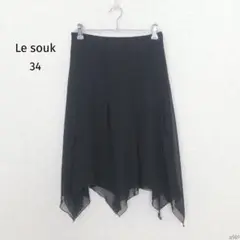 ルスーク|アシンメトリーヘムラインフレアスカート【34】膝丈 シフォン 薄手 黒