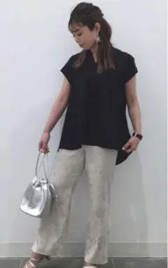 GUバンドカラーギャザーチュニックブラウス M ブラック