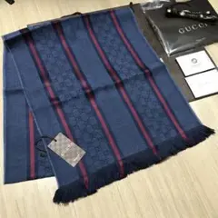 GUCCIマフラー❗️ネイビーマフラー ボルドーライン グッチメンズマフラー