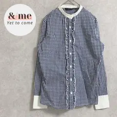 美品　ブリックハウス　ノーカラーブラウス　シャツ　フリル　総柄　チェック柄　M