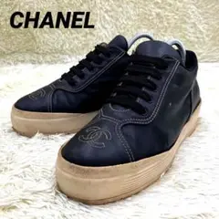 【CHANEL】レザースニーカー デカココ ブラック 刺繍 22.5相当