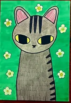 手描き猫イラスト 緑色背景