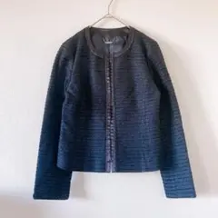 美品 スタイルコム ノーカラージャケット ツイード ラメ ネイビー M 4737