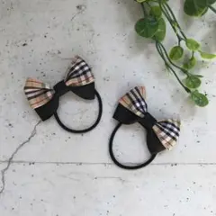 ツインリボンのキッズヘアゴム チェック×黒