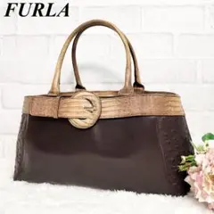 【美品♪】フルラ トートバッグ パイソン×オーストリッチ 肩掛け ブラウン A4